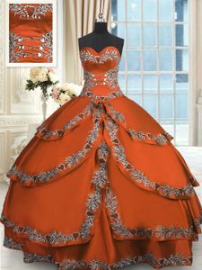 Clearance Floor Length Lace Up Ball Gown Prom Dress Rust Red and In for Military Ball and Sweet 16 and Quinceanera with Beading and Embroidery and Ruffled Layers