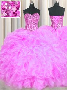 Dramatic Floor Length Lace Up Sweet 16 Quinceanera Dress Lilac and In for Military Ball and Sweet 16 and Quinceanera with Beading and Ruffles