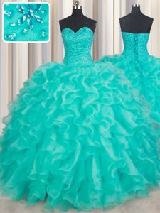 Inexpensive Turquoise Sweetheart Lace Up Beading and Ruffles 15 Quinceanera Dress Sleeveless