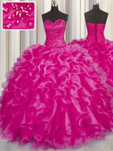 Custom Made Hot Pink Ball Gowns Organza Sweetheart Sleeveless Beading and Ruffles Floor Length Lace Up Sweet 16 Dresses