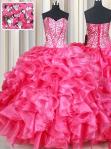 Coral Red Lace Up Quinceanera Dress Beading and Ruffles Sleeveless Floor Length