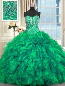 Cheap Sleeveless Organza Brush Train Lace Up Sweet 16 Dresses in Turquoise for with Beading and Ruffles