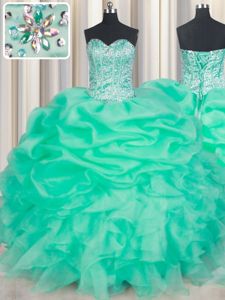 Floor Length Turquoise Quince Ball Gowns Organza Sleeveless Beading and Ruffles and Pick Ups