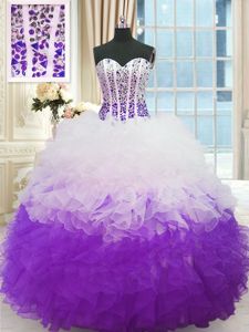 Best Organza Sweetheart Sleeveless Lace Up Beading and Ruffles Quinceanera Dress in White And Purple