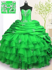 Green Ball Gowns Beading and Appliques and Pick Ups Quinceanera Gowns Lace Up Taffeta Sleeveless With Train