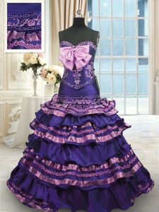 Dark Purple Lace Up Sweet 16 Dresses Appliques and Ruffled Layers and Bowknot Sleeveless With Train Sweep Train