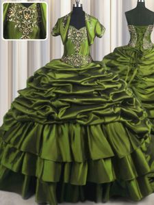 Olive Green Ball Gowns Taffeta Sweetheart Short Sleeves Ruffled Layers With Train Lace Up Sweet 16 Dress Brush Train