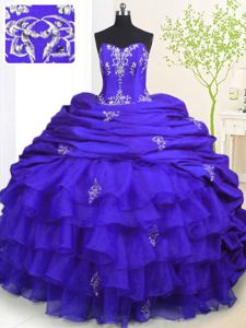 Best Selling Royal Blue Sleeveless With Train Beading and Appliques and Ruffled Layers and Pick Ups Lace Up Quinceanera Gown