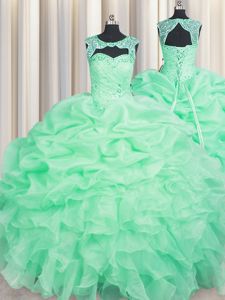 Scoop Apple Green Organza Lace Up Sweet 16 Dress Sleeveless Floor Length Beading and Pick Ups