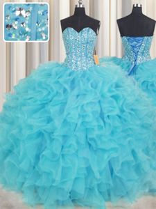 Perfect Visible Boning Sweetheart Sleeveless Lace Up Quinceanera Gown Baby Blue Organza