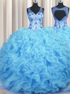 V Neck Sleeveless Zipper Floor Length Beading and Appliques and Ruffles Ball Gown Prom Dress