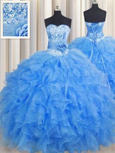 Fabulous Handcrafted Flower Baby Blue Sleeveless Floor Length Beading and Ruffles and Hand Made Flower Lace Up Quince Ball Gowns