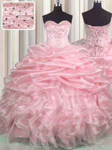 Baby Pink Sweet 16 Dress Military Ball and Sweet 16 and Quinceanera and For with Beading and Ruffles and Pick Ups Sweetheart Sleeveless Brush Train Lace Up