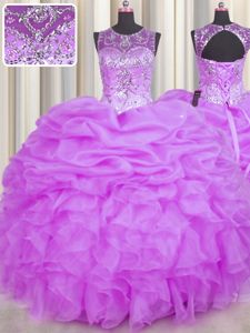 See Through Lilac Ball Gowns Scoop Sleeveless Organza Floor Length Backless Beading and Ruffles and Pick Ups Sweet 16 Dresses