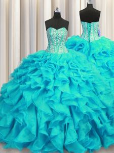 Visible Boning Sleeveless Brush Train Lace Up Beading and Ruffles 15 Quinceanera Dress