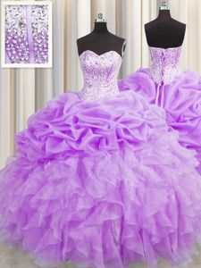 Visible Boning Purple Organza Lace Up Quinceanera Gown Sleeveless Floor Length Beading and Ruffles and Pick Ups