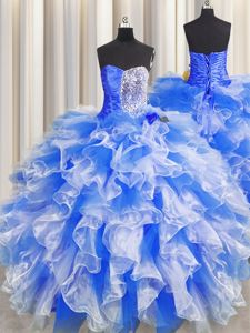 Ball Gowns Sweet 16 Dress Blue And White Sweetheart Organza Sleeveless Floor Length Lace Up