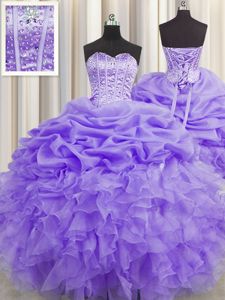 Great Visible Boning Lavender Organza Lace Up Sweetheart Sleeveless Floor Length Sweet 16 Dress Beading and Ruffles and Pick Ups