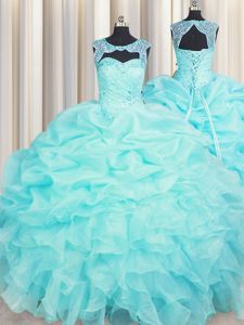 Aqua Blue Sleeveless Sweep Train Beading and Pick Ups With Train 15 Quinceanera Dress