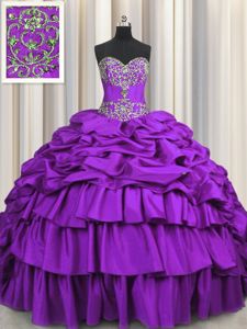 Pick Ups Embroidery Brush Train Ball Gowns Quinceanera Gown Purple Sweetheart Taffeta Sleeveless Lace Up