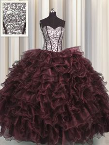 Visible Boning Sleeveless Organza and Sequined Floor Length Lace Up Sweet 16 Dress in Brown for with Ruffles and Sequins