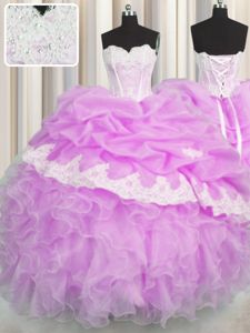 Ideal Lilac Sleeveless Floor Length Beading and Appliques and Ruffles and Pick Ups Lace Up Court Dresses for Sweet 16