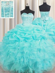 Visible Boning Sleeveless Organza Floor Length Lace Up Quince Ball Gowns in Baby Blue for with Beading and Ruffles and Pick Ups