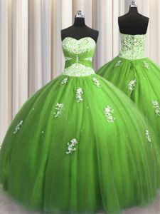 Floor Length Green Sweet 16 Quinceanera Dress Tulle Sleeveless Beading and Appliques