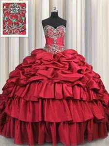 Wine Red Ball Gowns Sweetheart Sleeveless Taffeta Brush Train Lace Up Beading and Embroidery and Ruffled Layers and Pick Ups Quinceanera Gown