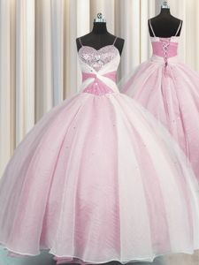 Noble Floor Length Rose Pink 15th Birthday Dress Spaghetti Straps Sleeveless Lace Up