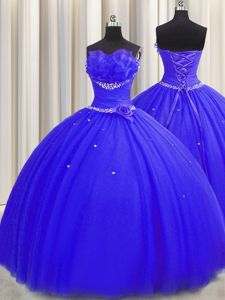 Handcrafted Flower Floor Length Royal Blue Sweet 16 Quinceanera Dress Tulle Sleeveless Beading and Ruching and Hand Made Flower