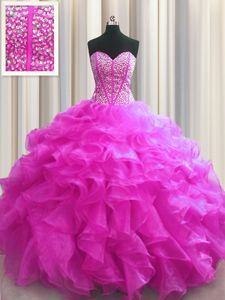 High Quality Sleeveless Organza Floor Length Lace Up Quinceanera Gown in Apple Green for with Beading and Ruffles