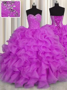 New Style Purple Ball Gowns Beading and Ruffles Vestidos de Quinceanera Lace Up Organza Sleeveless Floor Length