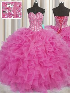 Vintage Visible Boning Sleeveless Floor Length Beading and Ruffles Lace Up 15th Birthday Dress with Hot Pink