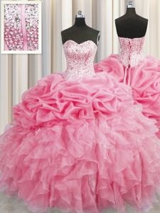 Graceful Visible Boning Rose Pink Quince Ball Gowns Military Ball and Sweet 16 and Quinceanera and For with Beading and Ruffles Sweetheart Sleeveless Lace Up