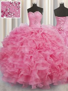 Rose Pink Sleeveless Organza Lace Up Vestidos de Quinceanera for Military Ball and Sweet 16 and Quinceanera