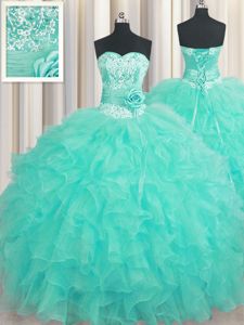 Best Handcrafted Flower Sleeveless Floor Length Beading and Ruffles and Hand Made Flower Lace Up Quinceanera Gown with Aqua Blue