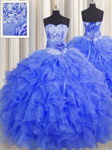 High Quality Handcrafted Flower Floor Length Royal Blue Quinceanera Gowns Organza Sleeveless Beading and Ruffles and Hand Made Flower