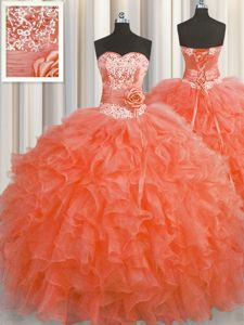 Handcrafted Flower Sleeveless Floor Length Beading and Ruffles and Hand Made Flower Lace Up Vestidos de Quinceanera with Red