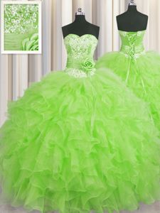 Lovely Handcrafted Flower Organza Sweetheart Sleeveless Lace Up Beading and Ruffles and Hand Made Flower Quinceanera Dresses in