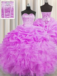 Pick Ups Visible Boning Floor Length Lilac 15th Birthday Dress Sweetheart Sleeveless Lace Up