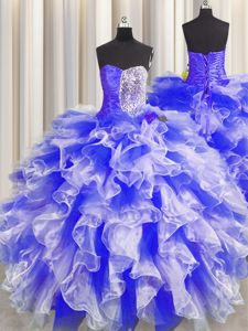 Custom Made Blue And White 15 Quinceanera Dress Military Ball and Sweet 16 and Quinceanera and For with Beading and Ruffles and Ruching Sweetheart Sleeveless Lace Up