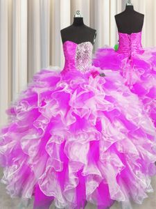 Sleeveless Floor Length Beading and Ruffles and Ruching Lace Up Vestidos de Quinceanera with Multi-color