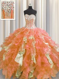 Edgy Visible Boning Sleeveless Organza and Sequined Floor Length Lace Up Quinceanera Gowns in Multi-color for with Beading and Ruffles and Sequins