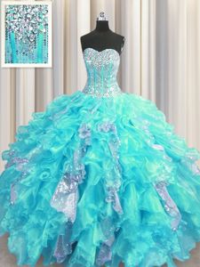 Visible Boning Aqua Blue Ball Gowns Beading and Ruffles and Sequins Ball Gown Prom Dress Lace Up Organza and Sequined Sleeveless Floor Length