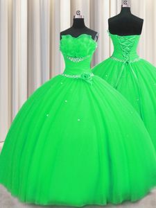 Handcrafted Flower Green Sleeveless Tulle Lace Up Sweet 16 Dresses for Military Ball and Sweet 16 and Quinceanera