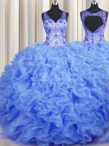 V-neck Sleeveless 15 Quinceanera Dress Floor Length Beading and Appliques and Ruffles Blue Organza