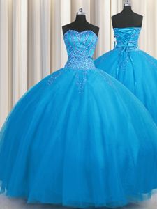 Gorgeous Big Puffy Blue Quinceanera Dresses Military Ball and Sweet 16 and Quinceanera and For with Beading Sweetheart Sleeveless Lace Up