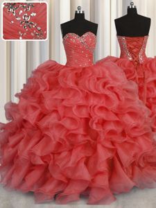 Sleeveless Floor Length Beading and Ruffles Lace Up Sweet 16 Quinceanera Dress with Coral Red