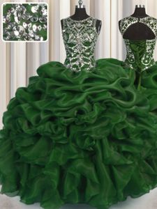 Simple Scoop See Through Dark Green Organza Lace Up Quinceanera Gown Sleeveless Floor Length Beading and Pick Ups